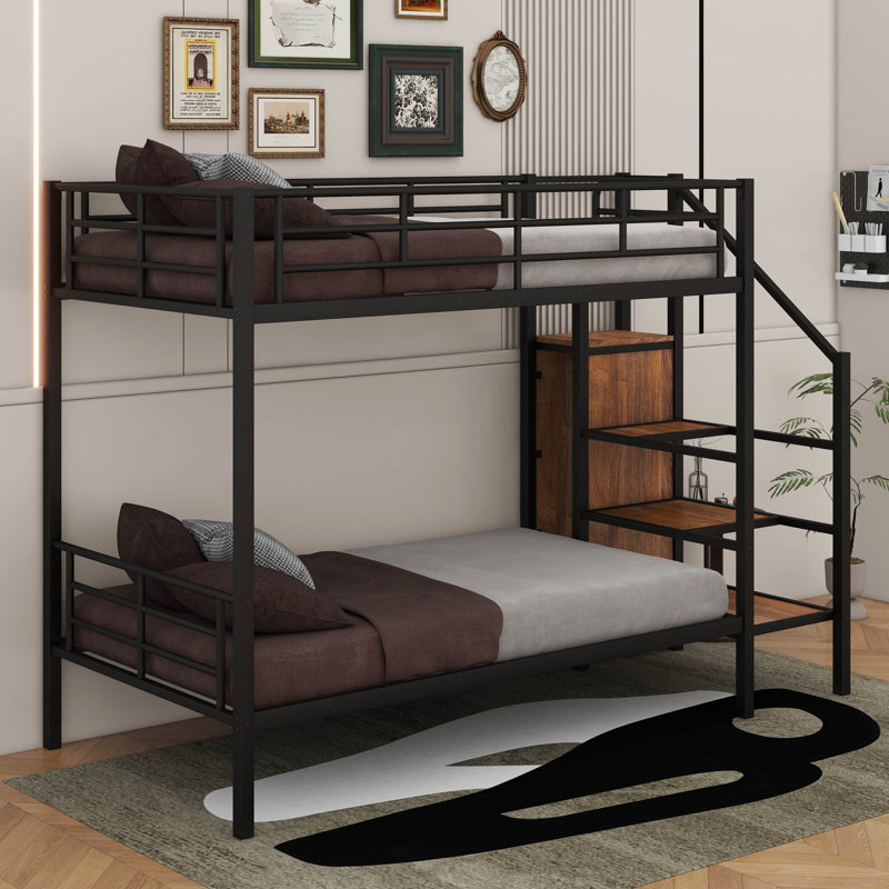 Lit superposé standard avec bibliothèque Denslowe, Simple sur simple, Noir/brun foncé