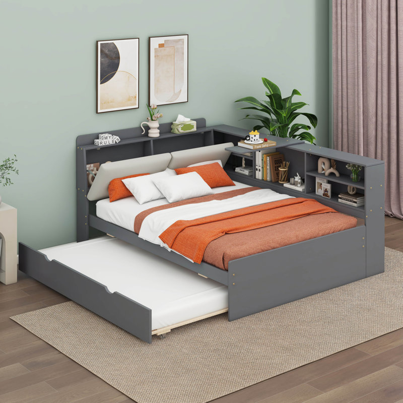 Structure de lit de jour en bois massif avec lit gigogne, tête de lit tapissier, tablettes et tableau rotatif, Gris, Double