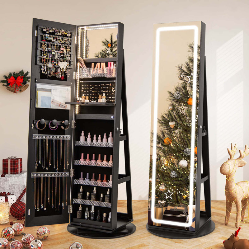 360° Swivel Jewelry Cabinet Organizer 3-color Led Mirror With Built-in Lights, Black