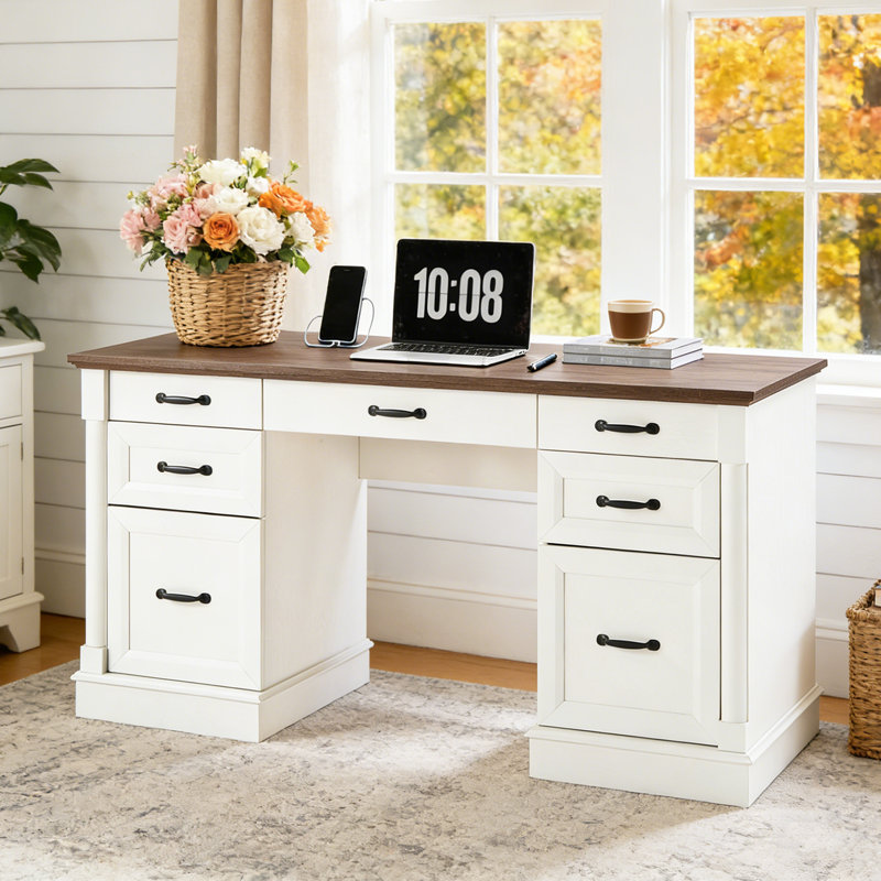 60" Farmhouse Executive Desk with Drawers, Wood Home Office Desk, File Drawer, Storage Cabinet, Rustic Brown