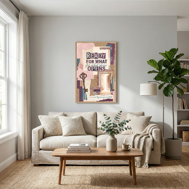 Prêt pour ce qui s'ouvre, collage mauve avec porte et clé, H 48 po x l 32 po