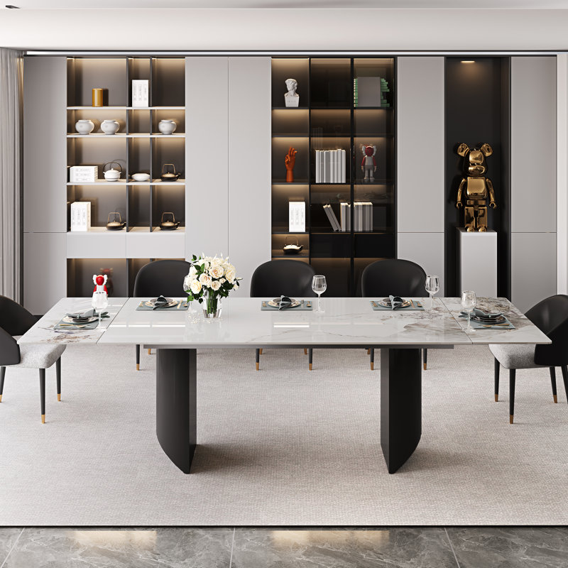 Ensemble de table de salle à manger 9 pièces avec table de salle à manger extensible en pierre frittée de 63 à 94,5 po avec 8 chaises rembourrées en cuir Fuax