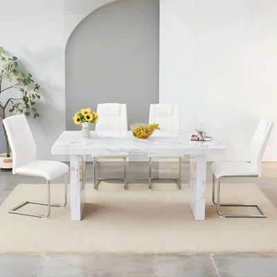 Cary 63" Wood Dining Table Set With Upholstered Chairs, Modern Kitchen & Dining Room Set For 4 People, White Marble Finish Table With Chrome Cantilever Chairs