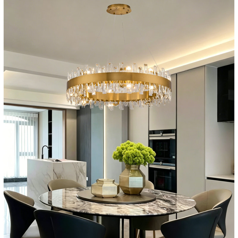 31.5 Inch Gold Dimmable Round K9 Crystal Chandelier with Adjustable Height for Dining Room Kitchen Bedroom, Gold, 16