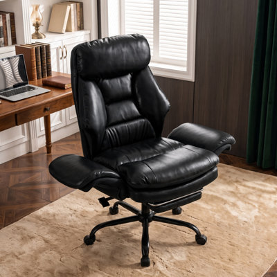 Fauteuil de direction grande taille en cuir PU, dossier croisé, accoudoirs rabattables, repose-pieds rétractable, appuie-tête et poche latérale