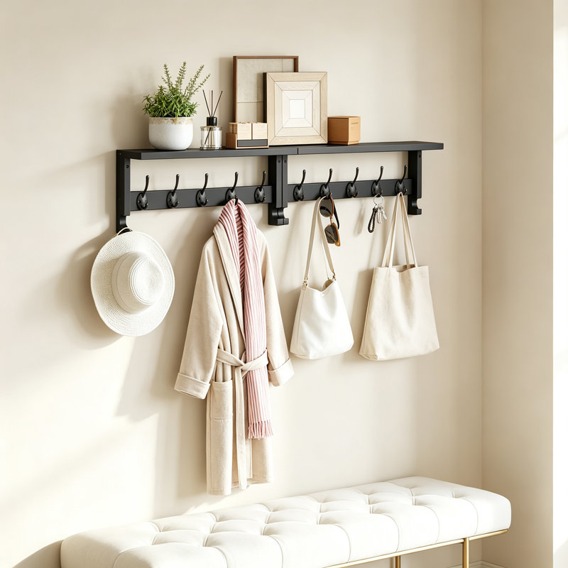 Porte-manteau mural avec tablette, crochets d'entrée en bois et supports métalliques robustes pour suspendre les manteaux, les chapeaux et les sacs dans l'entrée, la chambre ou la salle de bain. Décoration de style ferme moderne.