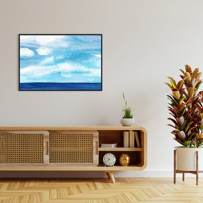 «Tranquil Blue Ocean with Cloudy Skies» par Avimael, reproduction d'art sur toile encadrée, H 28 po x l 41 po