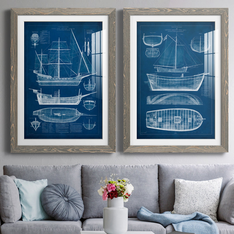 «Antique Ship Blueprint I», ensemble de 2 impressions encadrées, H 31,5 po x l 43,5 po x P 1 po, Cadre en papier gris, Blanc
