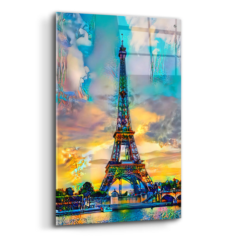 Art mural en verre épique 24 po x 36 po «Rio Senna Y Tour Eiffel» par Pierre Gavidia, H 36 po x l 24 po