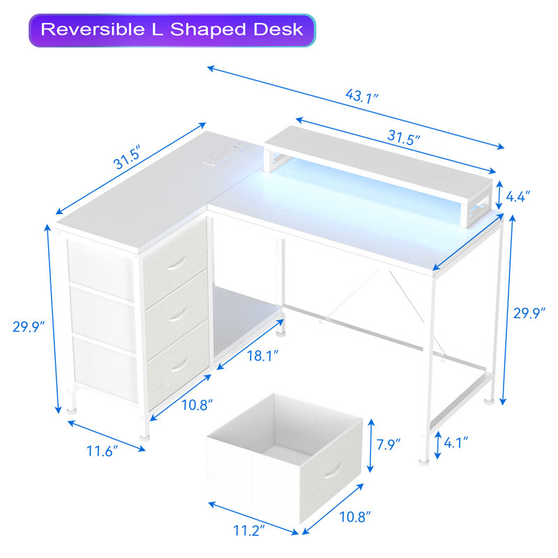 L-Shaped Metal Base Computer Desk, White