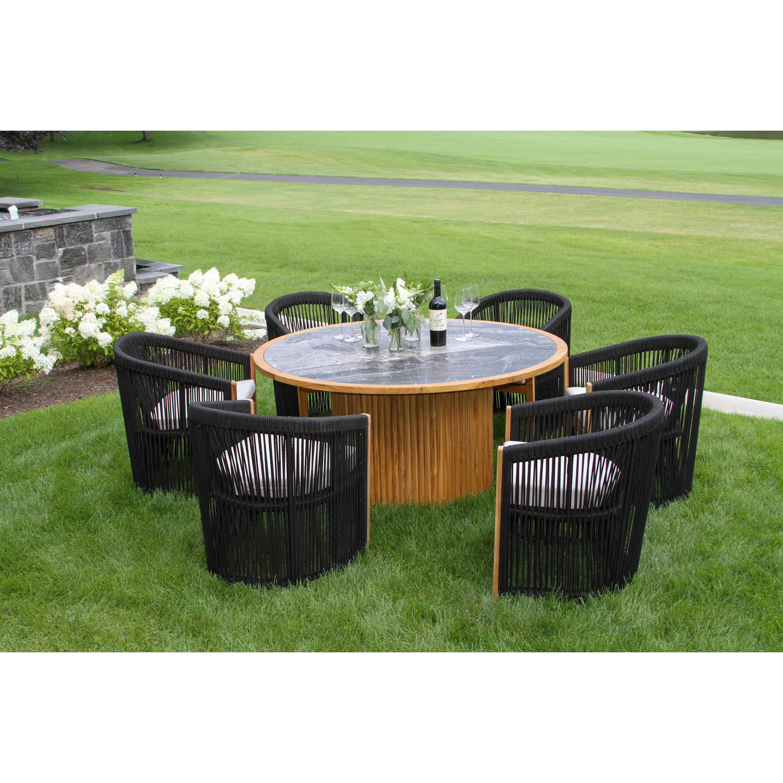 Aniston 7 Pc. Round Teak & Stone Dining Set With Black Rope Dining Chairs, Gray