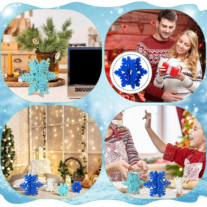 Décoration de table flocon de neige d'hiver - bleu et blanc - panneaux en bois 3D, pièce maîtresse de Noël pour la maison ou les fêtes