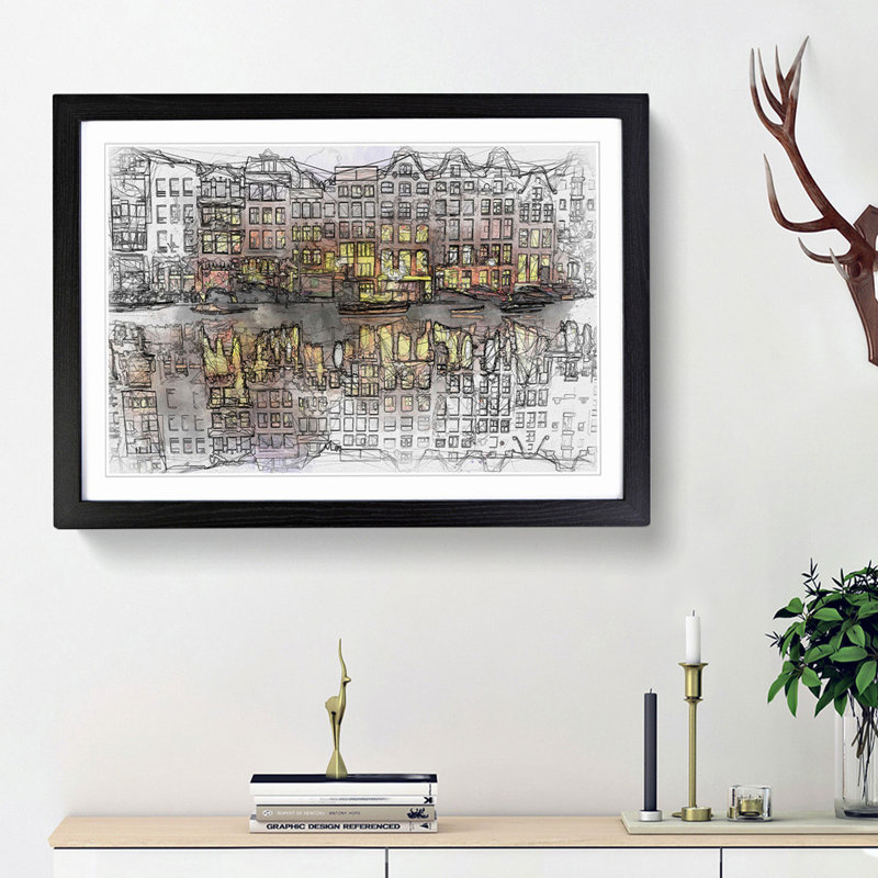 Amsterdam at Night in Abstract - Picture Frame Graphic Art Print on MDF, 36cm H x 48cm W x 2cm D, Black Framed