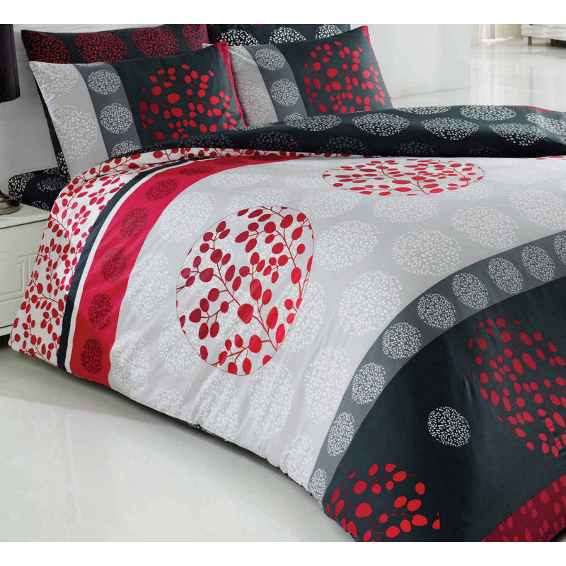 Ensemble de housse de couette 100% coton 3 pièces gris / noir / rouge Hettie
