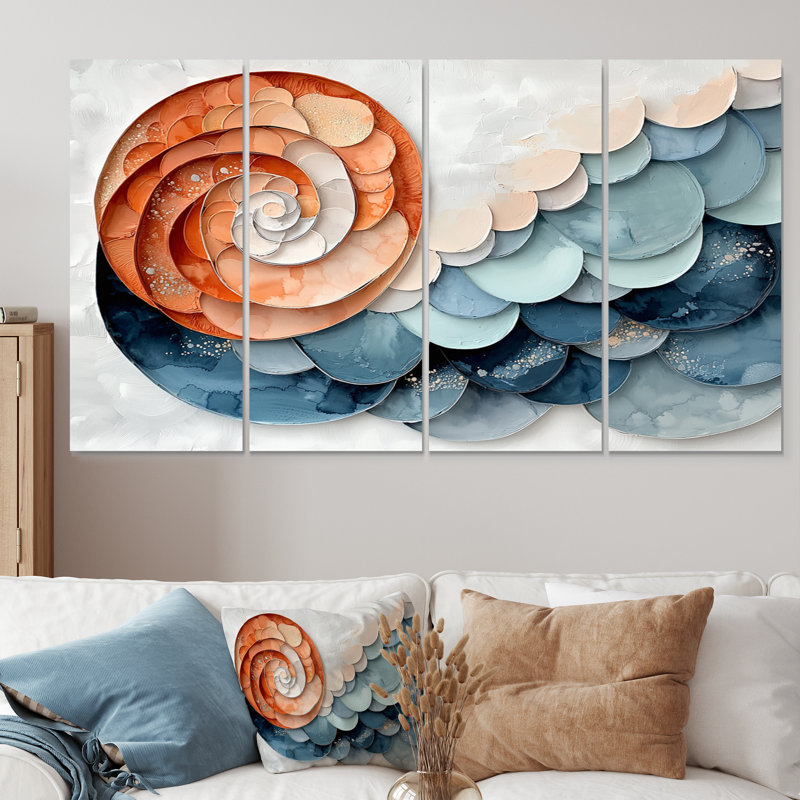 Pétales bleus et blancs dorés en spirale II, H 28 po x l 48 po