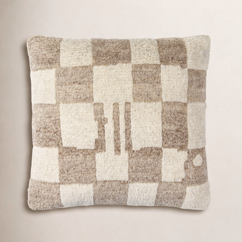 Raven Checkered Wool Blend Throw Pillow, 20" x 20", Ivory, Polyester/Polyfill