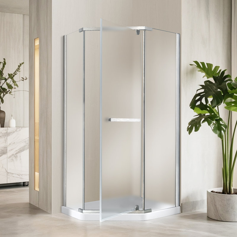 38" W x 38" D x 72" H Semi-Frameless Neo-angle Shower Door with Towel Bar and Fixed Panel, Brushed Nickel, Frosted