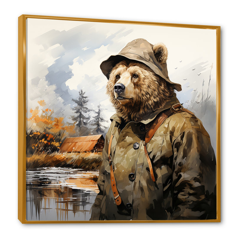 Ours en costume détective campagne II - ours 2, art mural, Cadre flottant doré, 16" H x 16" W