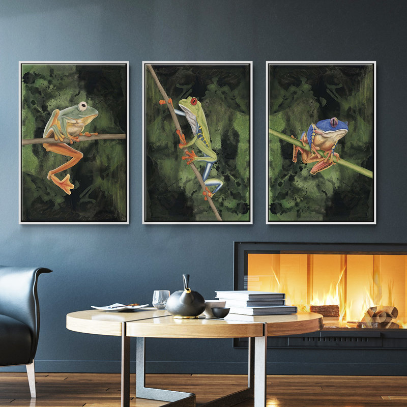 Watercolor Tree Frogs I - ensemble de 3 reproductions sur toile, Blanc, H 36 po x l 72 po