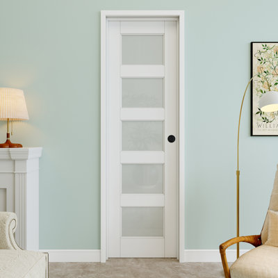 Porte pré-suspendue en verre givré 24 po x 80 po à 5 lumières avec bouton rond et charnières argentées, dalle de porte d'intimité en verre, peignable et imperméable, combinaison pour la lessive, portes de placard, portes de pièce, main gauche