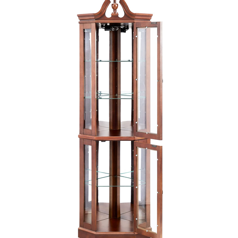 Vitrine en noyer avec lumières, tablettes réglables et tablettes à miroir, lumières intérieures