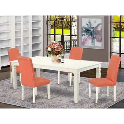 L'ensemble de 5 pièces de salle à manger comprend une table de salle à manger rectangulaire avec feuille papillon et 4 chaises parsons en simili cuir flamant rose, 42 x 84 po, lin blanc