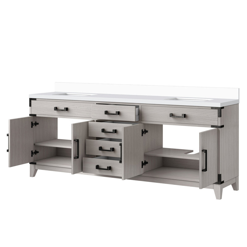 80 po L Double meuble-lavabo en chêne blanc avec marbre de culture scellé et espace de rangement x 22 po