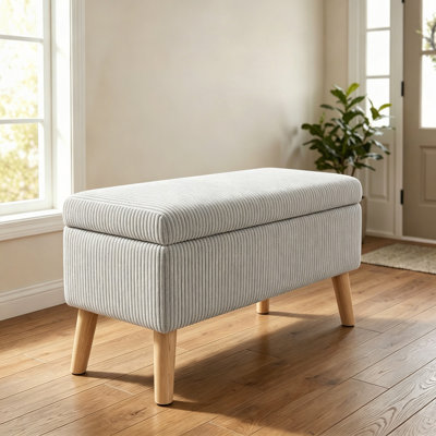 Banc de rangement en velours côtelé de 32 po de large avec pieds en bois, boîte de rangement rabattable, banc de bout rembourré, repose-pieds et banc à chaussures pour la chambre à coucher, le salon et le vestibule