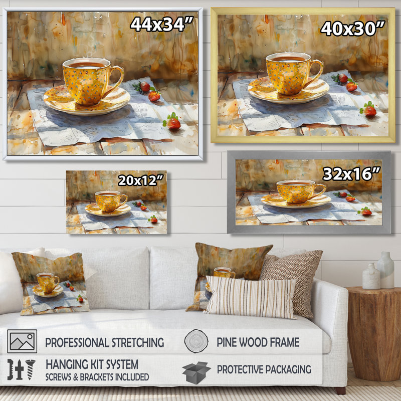 «White Beige Cozy Cup Of Coffee II», impression d'art mural café, H 24 po x l 32 po, Cadre flottant doré