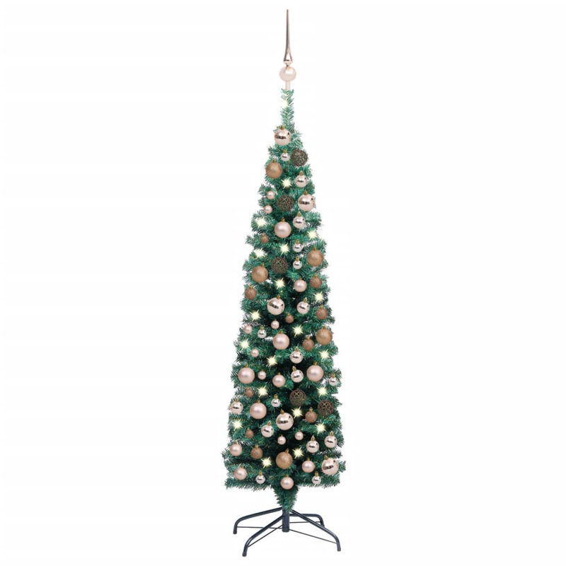 Mince arbre de Noël artificiel, Vert, with 150 LEDs & 61 rose gold balls, 47.2"
