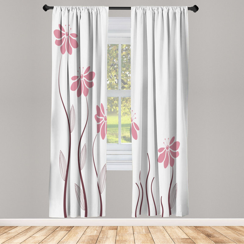 Microfiber Floral Semi-Sheer Rod Pocket Curtain Panels, 28" W x 84" L, Pink/Brown/White