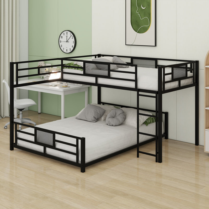 Twin Over Full Size L-Shaped Metal Bunk Bed, Black
