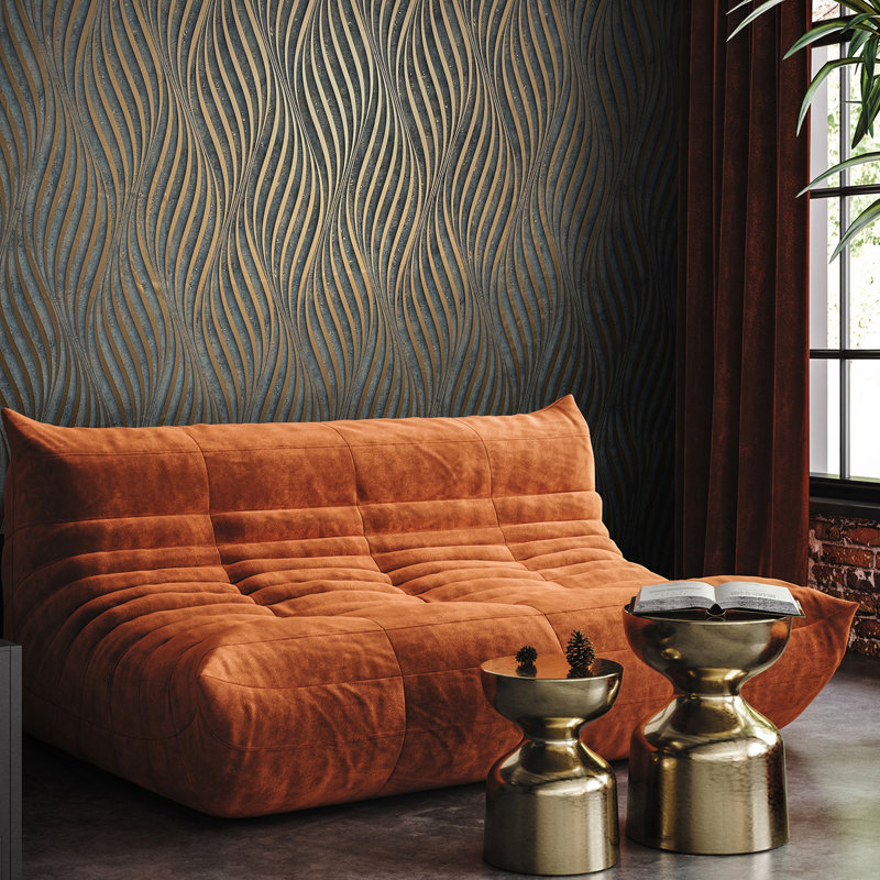 Kavalier Wave Ribbons 10.05M X 53Cm Pearlescent Sheen Wallpaper Roll, Black/Copper