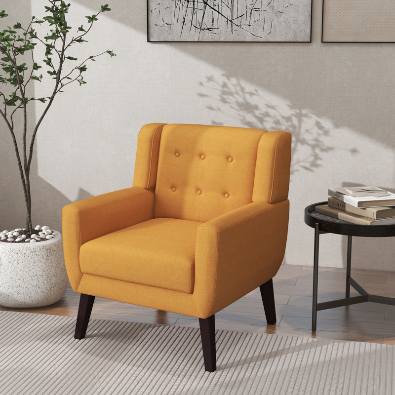 Jaqueze Upholstered Orange Linen Blend Tufted Wide Back Armchair with Solid Wood Leg, Orange Performance Linen Blend