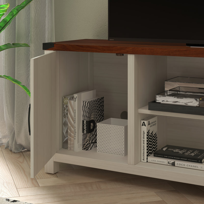 Leslian Engineered Wood Barn Door TV Stand for up to 65" TVs, White/Walnut