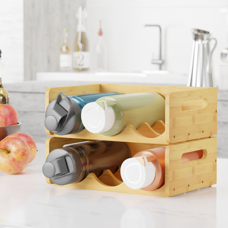 Bamboo Water Bottle Organizer with Labels, 2 Pack, Kitchen Pantry Storage Rack for Cup, Wine & Bottle Holder, Natural
