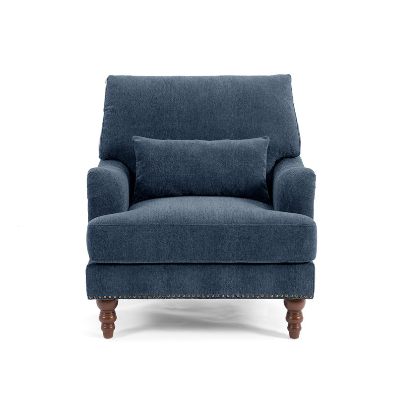 Upholstered Navy Nailhead Trim Accent Chair with Throw Pillow and Solid Wood Legs, Navy Chenille