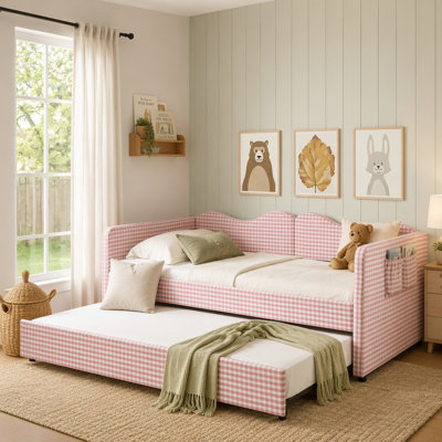 Gingham Upholstered Daybed with Pull-Out Trundle