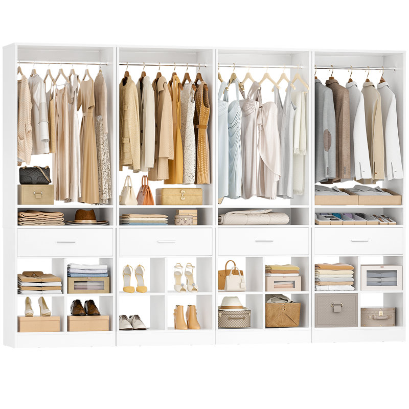98"W Freestanding Closet With Hanging Rod And Drawer, White