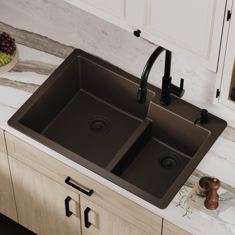 Karran Quartz 33'' X 22'' 60/40 Double Bowl Drop-in Kitchen Sink, Brown