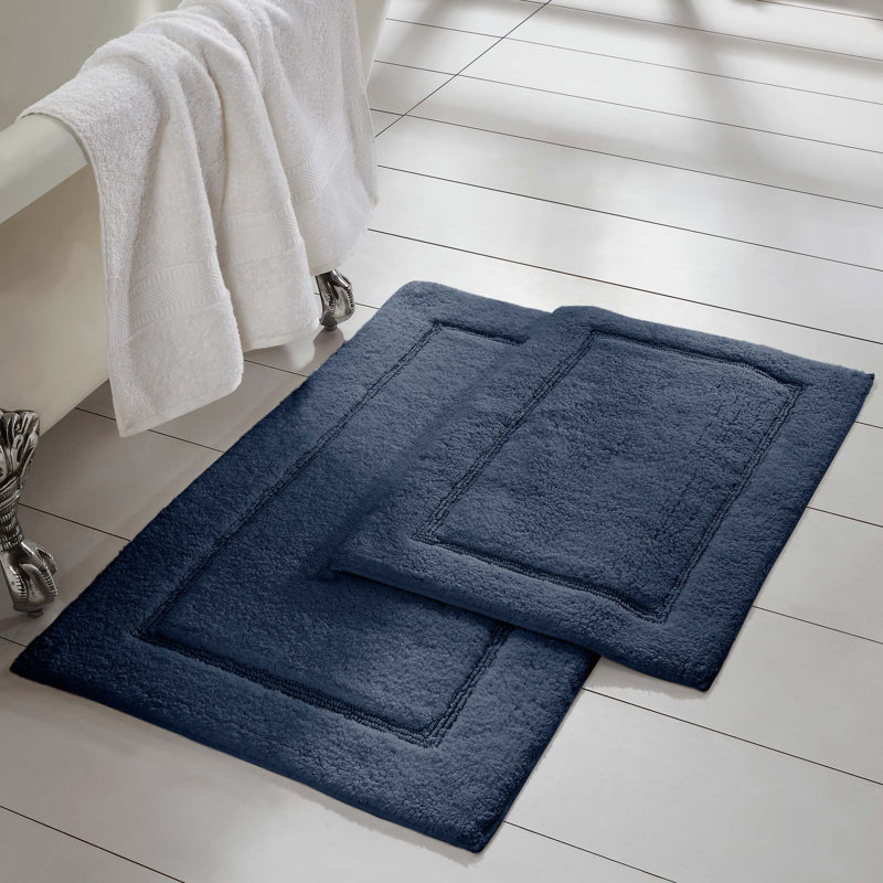 Navy Cotton Non-Slip Bath Rug Set, 17" x 24" & 21" x 34"