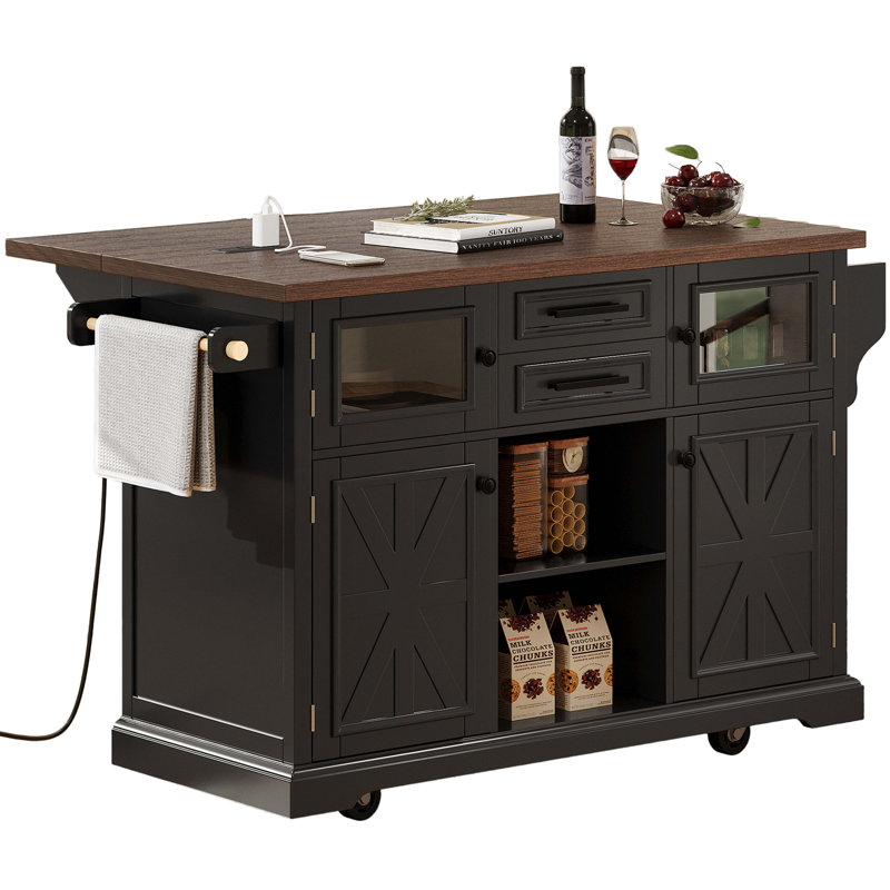 54.9" Kitchen Island With Drop Leaf, Power Outlet, Kitchen Storage Cart With 4 Door Shelves, Cross Barn Doors & Visual Glass Door, Rolling Kitchen Island On 4 Wheels For Kitchen, Dining Room