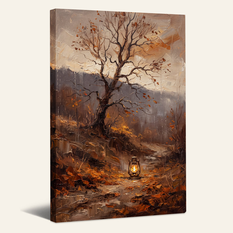 Arbre nu et lanterne dans un paysage d'automne brumeux - Toile murale d'Halloween, 48"H x 32"W