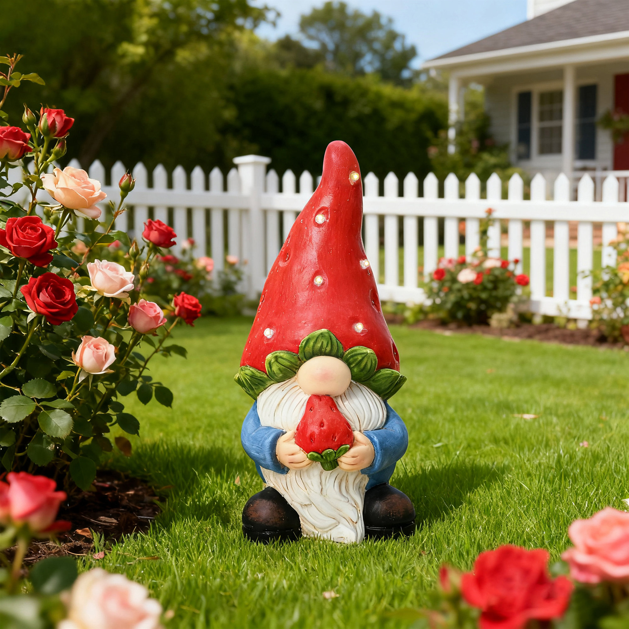 15.8'' Solar Garden Statue Gnome with Strawberry Hat