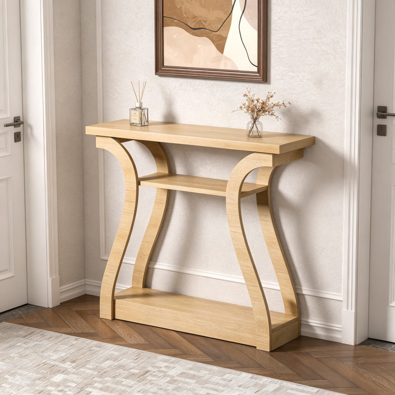 Console en bois avec pieds incurvés et tablettes de rangement, canapé étroit de 47 pouces de large pour le salon, le vestibule, le couloir, table d'appoint moderne à 3 niveaux pour la maison