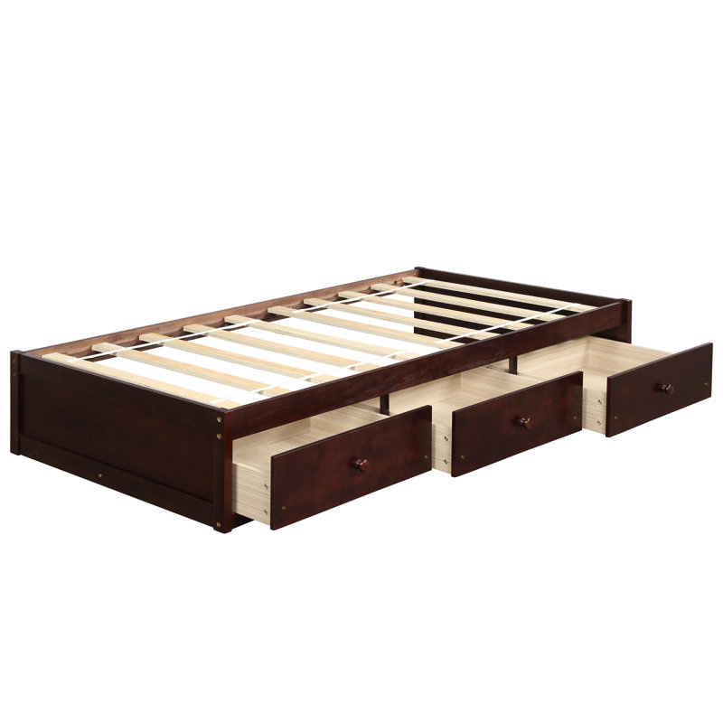 Lit plateforme avec lit simple et rangement moderne avec 3 tiroirs, Merisier