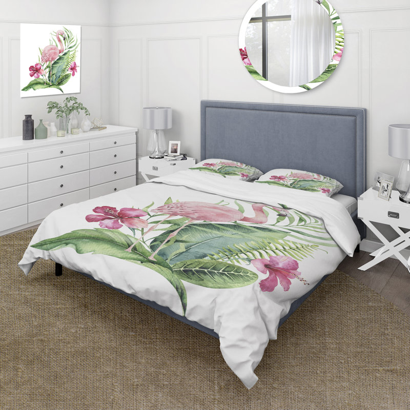 Flamant rose avec feuillage exotique et fleurs roses - ensemble de housse de couette traditionnel - microfibre de polyester
