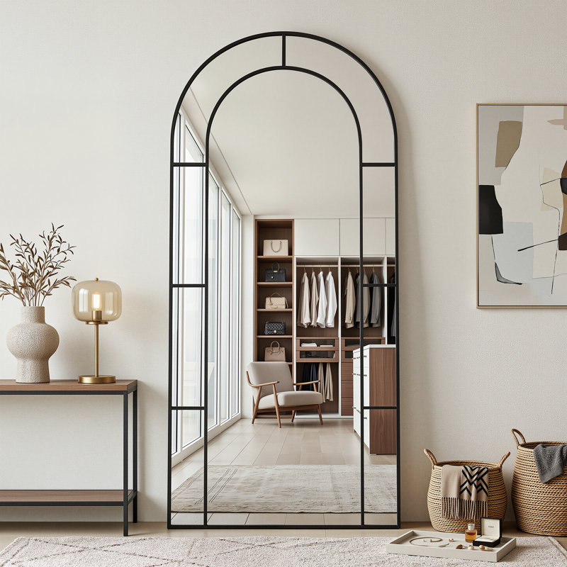 Full Length Mirror, Floor Mirror Arched Window Pane Decorative Mirror, Metal Framed Decor Farmhouse Floor Mirrors Art Pane Mirrors Wall Decor