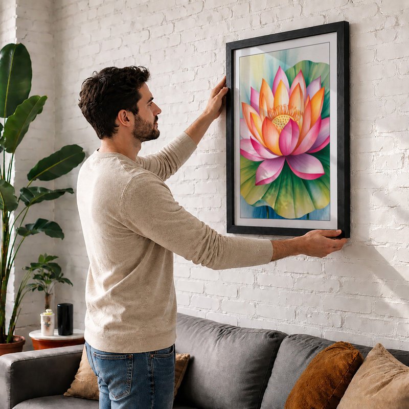 Lotus in Bloom Botanical - Framed Print, A1 - 84.1 x 59.4 cm, White
