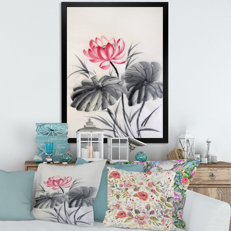 Fleur de lotus avec deux feuilles monochromes - peinture sur toile, H 32 po x l 24 po x P 1 po, Cadre noir